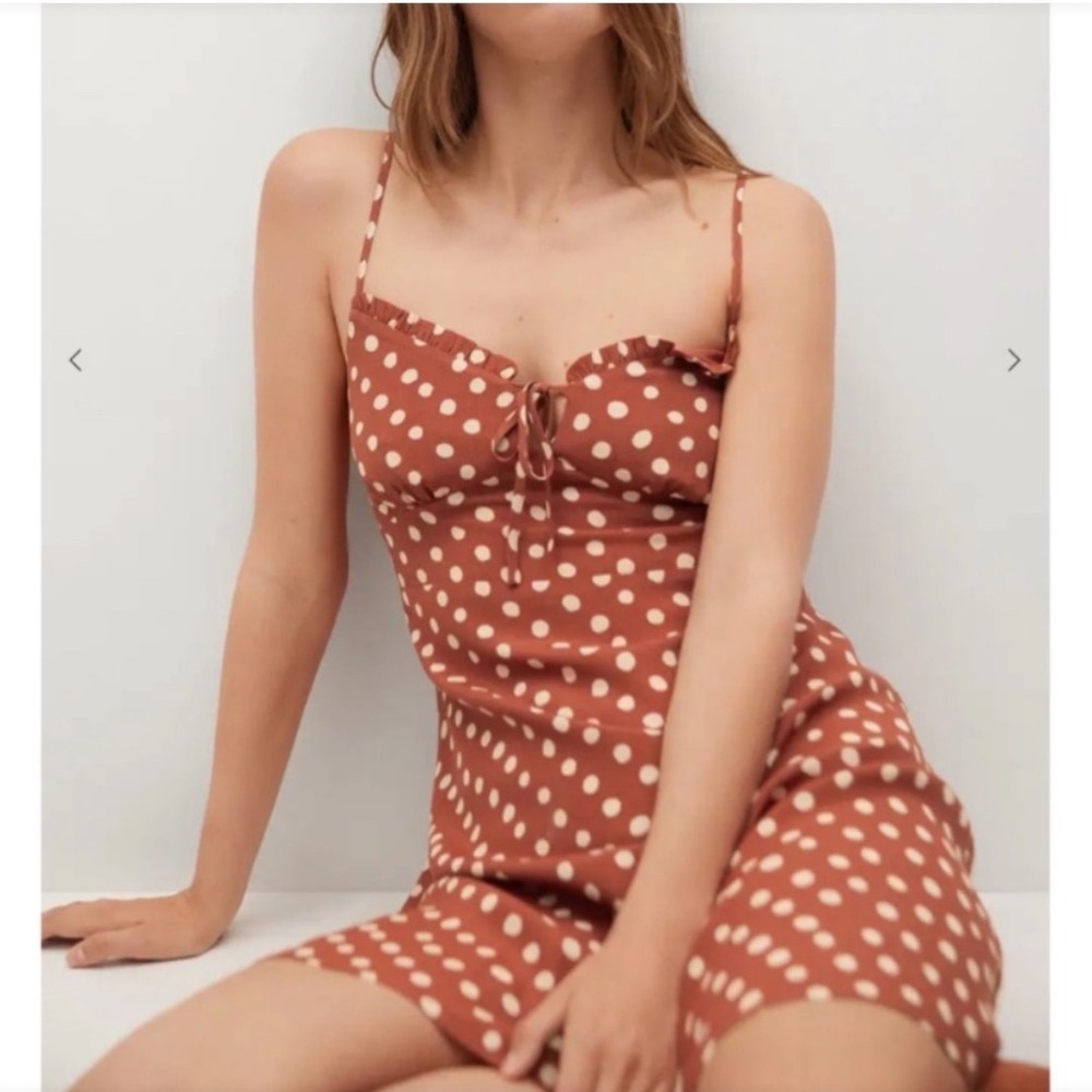 Mango MNG | Woman's Rust Terracotta Smocked White Polka Dot Mini Dress, Size M